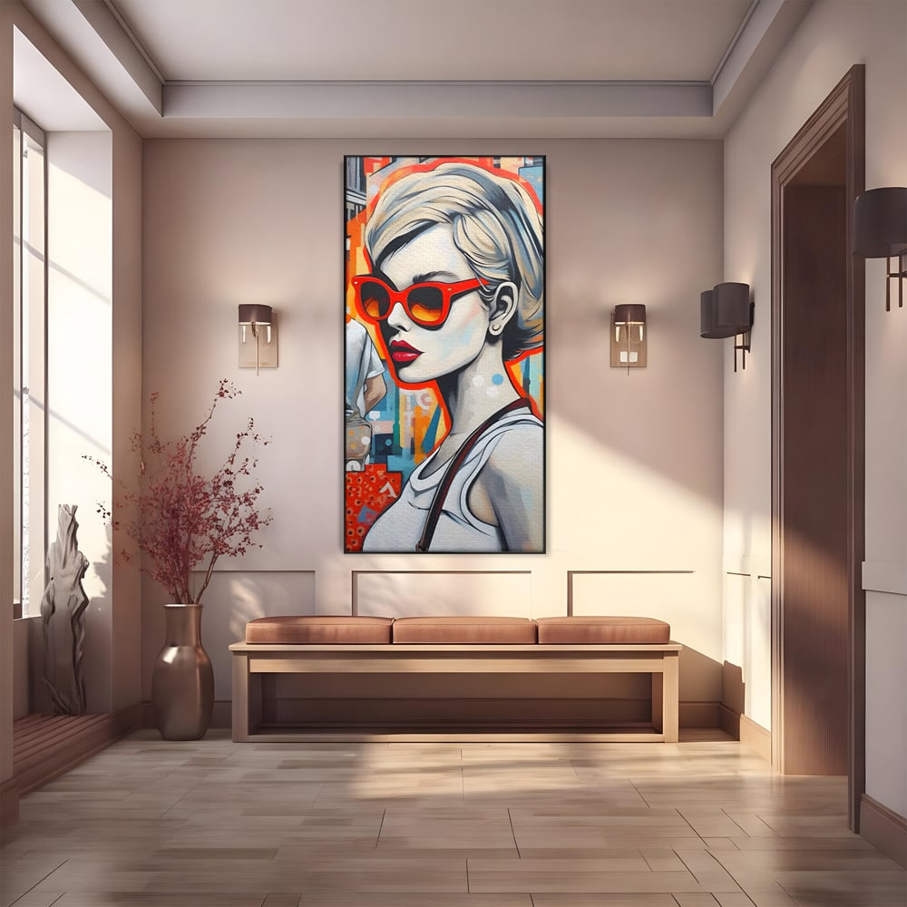 Tablou canvas cu tablou canvas cu portret stilizat de femeie, in rama de aluminiu negru